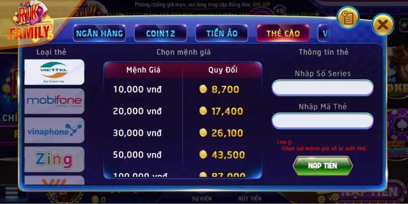 Cập nhật phương thức nạp - rút tại cổng game RIKVIP